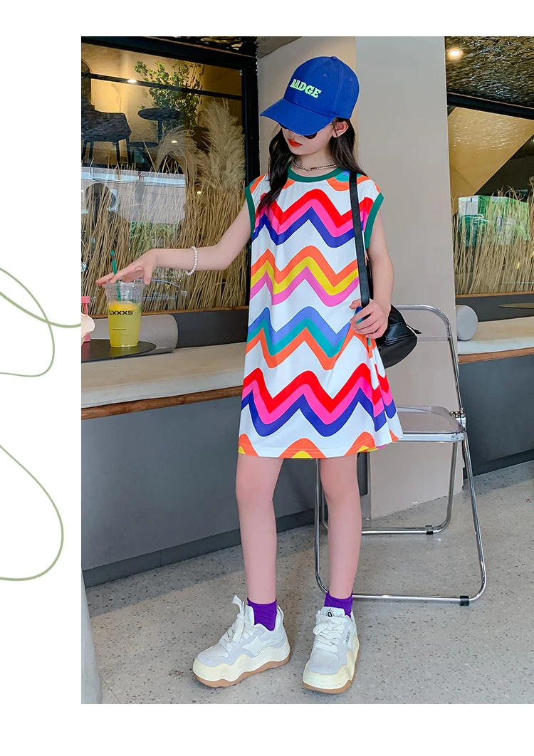 Heißer Verkauf: Sommerliche Strandkleider für Mädchen, bunte, gestreifte, ärmellose Kleider für Kinder, Freizeitkleidung, Urlaubskleidung – Detail 6