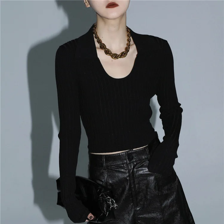 

6358 Облегающая, не провисающая, осенняя рубашка с отложным воротником, утягивающая короткая рубашка с высокой талией и глубоким U-образным вырезом, закрывающая ключицу