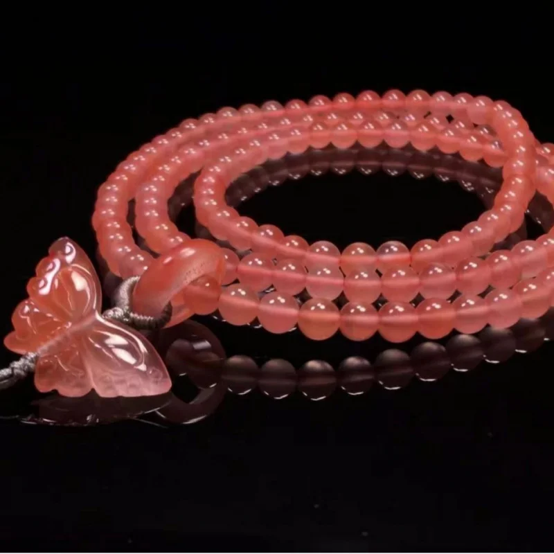 

Nanhong Natural Sichuan Material Red Agate Frosted Blossom Buddha Beaded Necklace with Flexible Ring Butterfl