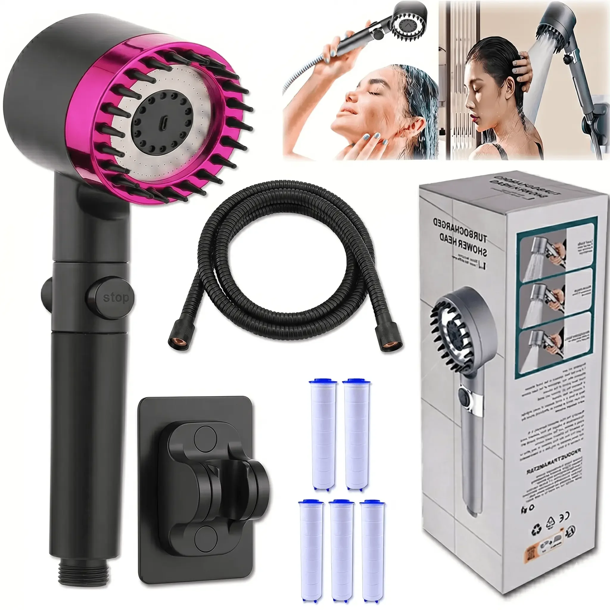 

Multifunctional Massage Shower Head, Shower Head with 5 Filters - Pressurized Shower Head, 3 in 1 Adjustable Shower Head with Stainless Steel Hose for Shower Room, RV, Hotel Use