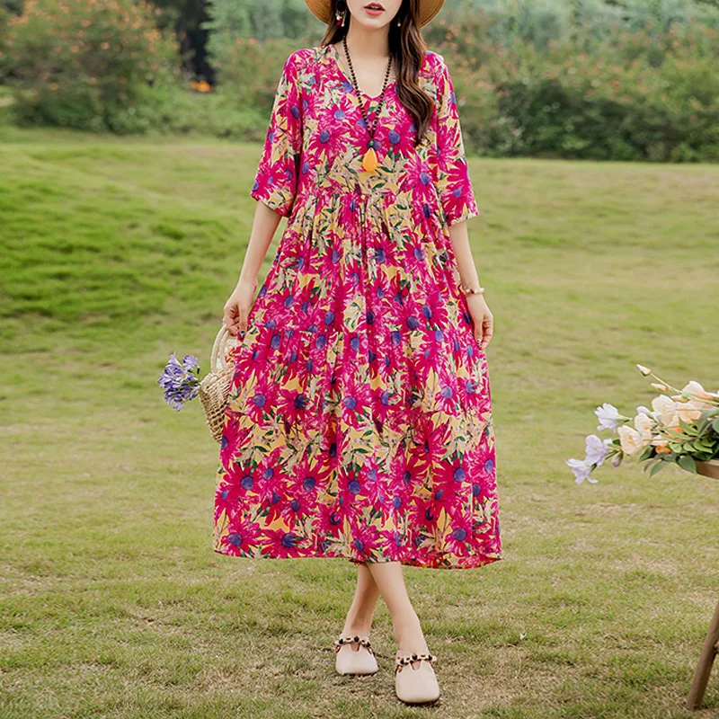 Neue Mode Lässig 2025, Sommer Kleider Für Frauen Vintage Kurzarm Oansatz Druck Lose Blumen Kleid plus größe Frauen Kleidung