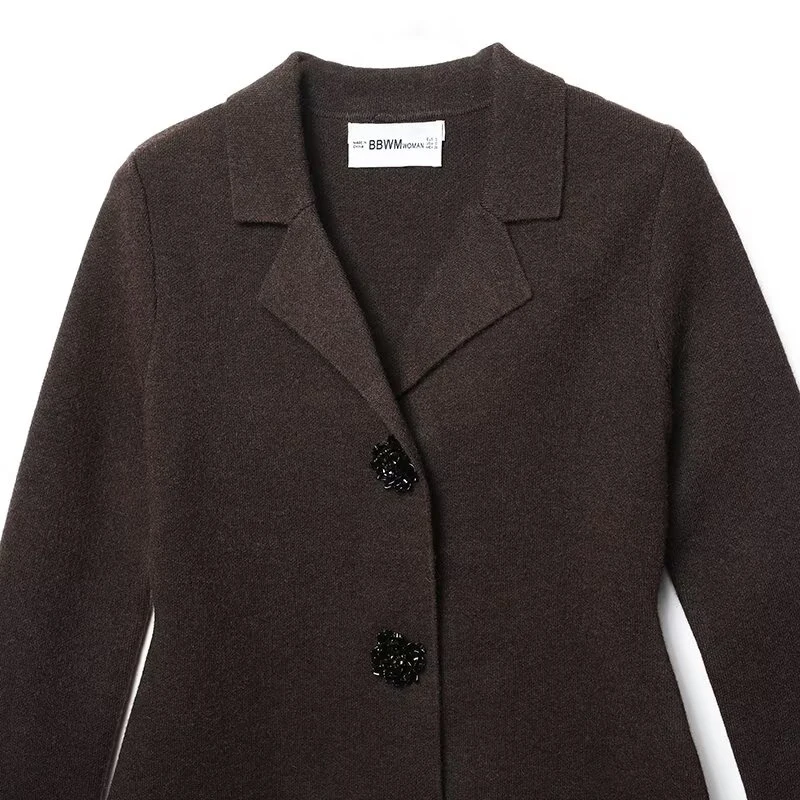 여성 니트 블레이저 재킷 시크하고 우아한 보석 단추 블레이저 여성용 가을 겨울 캐주얼 긴팔 수트 코트