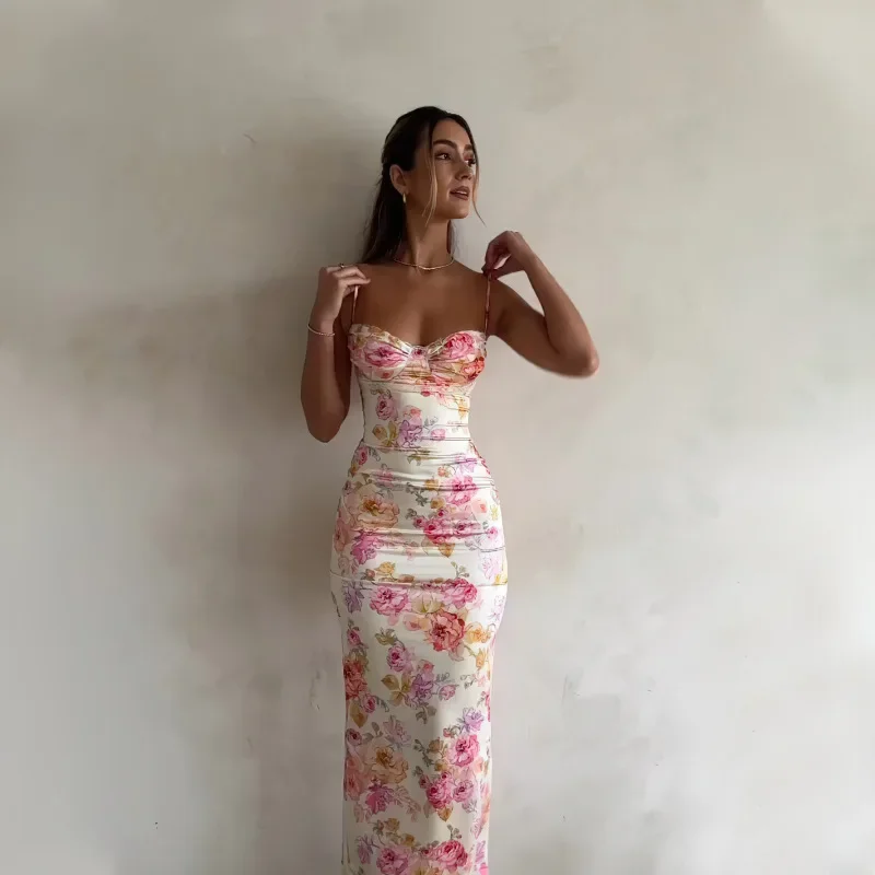 BWQ New Floral Suspender Split Slim Sleeveless Patry Beach Style Spaghetti Strap Dress Women Clothes Mini Dress 2025 Summer