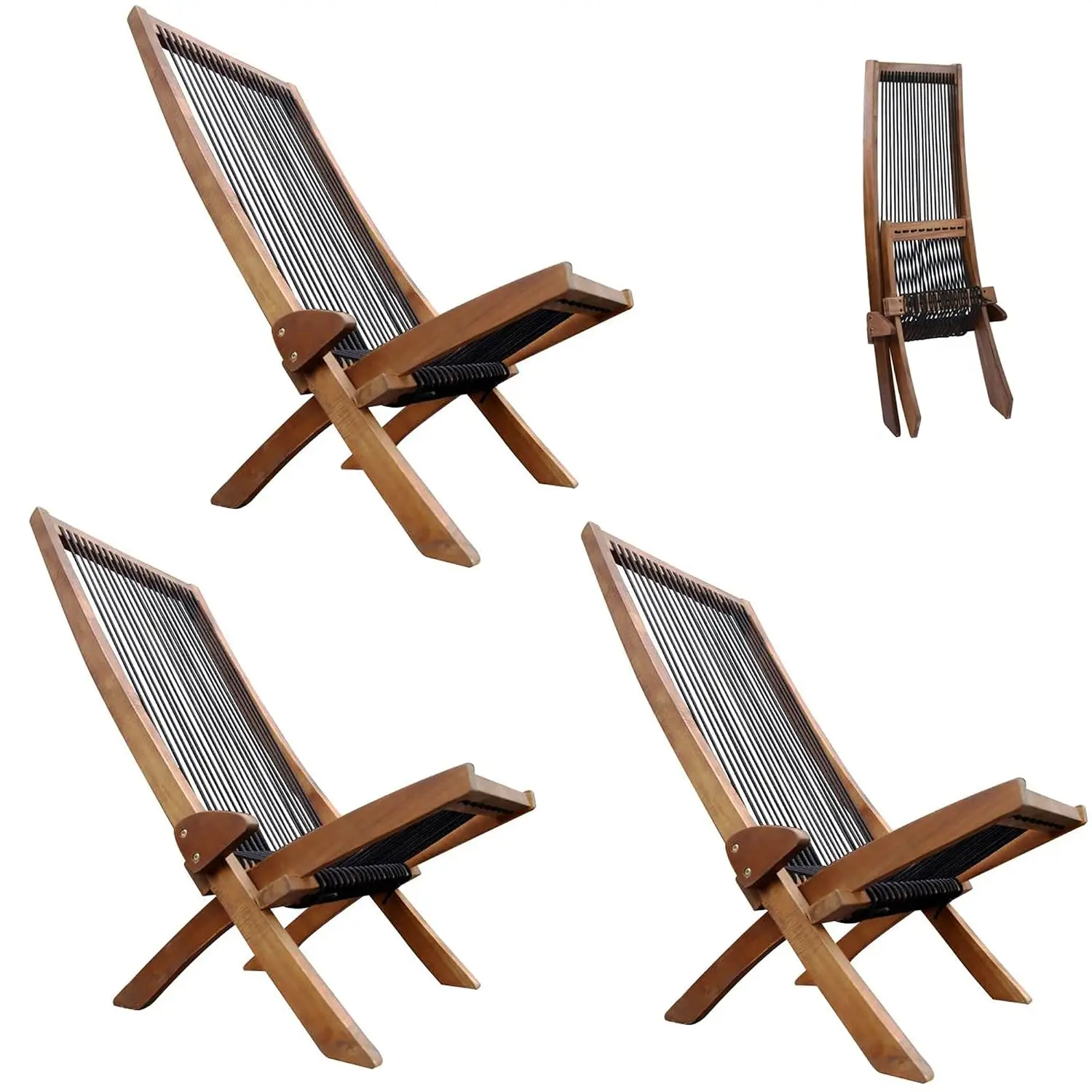 Rope Folding Chair Garden Lounge Chairs Set of 3, Solid Acacia Wood Low Profile Lounge Chair for Indoor Outdoor Handcrafted Pati