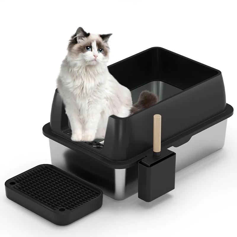 

Large Space Stainless Steel Cat Litter Box Semi Enclosed Easy To Clean and Leak Proof Cat Bedpans with Aisle Shovel Storage Box