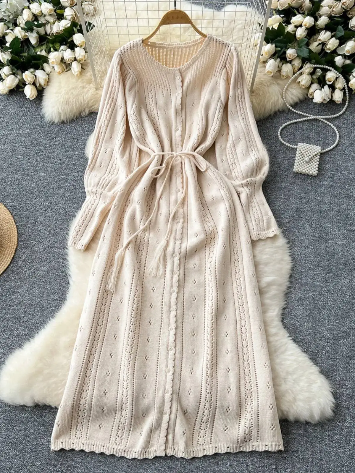 

Women Elegant Knitted Dress Autumn Winter Sweet Hollow Out Hook Flower Lantern Sleeve Tied Long Dresses Ladies Vintage Robe