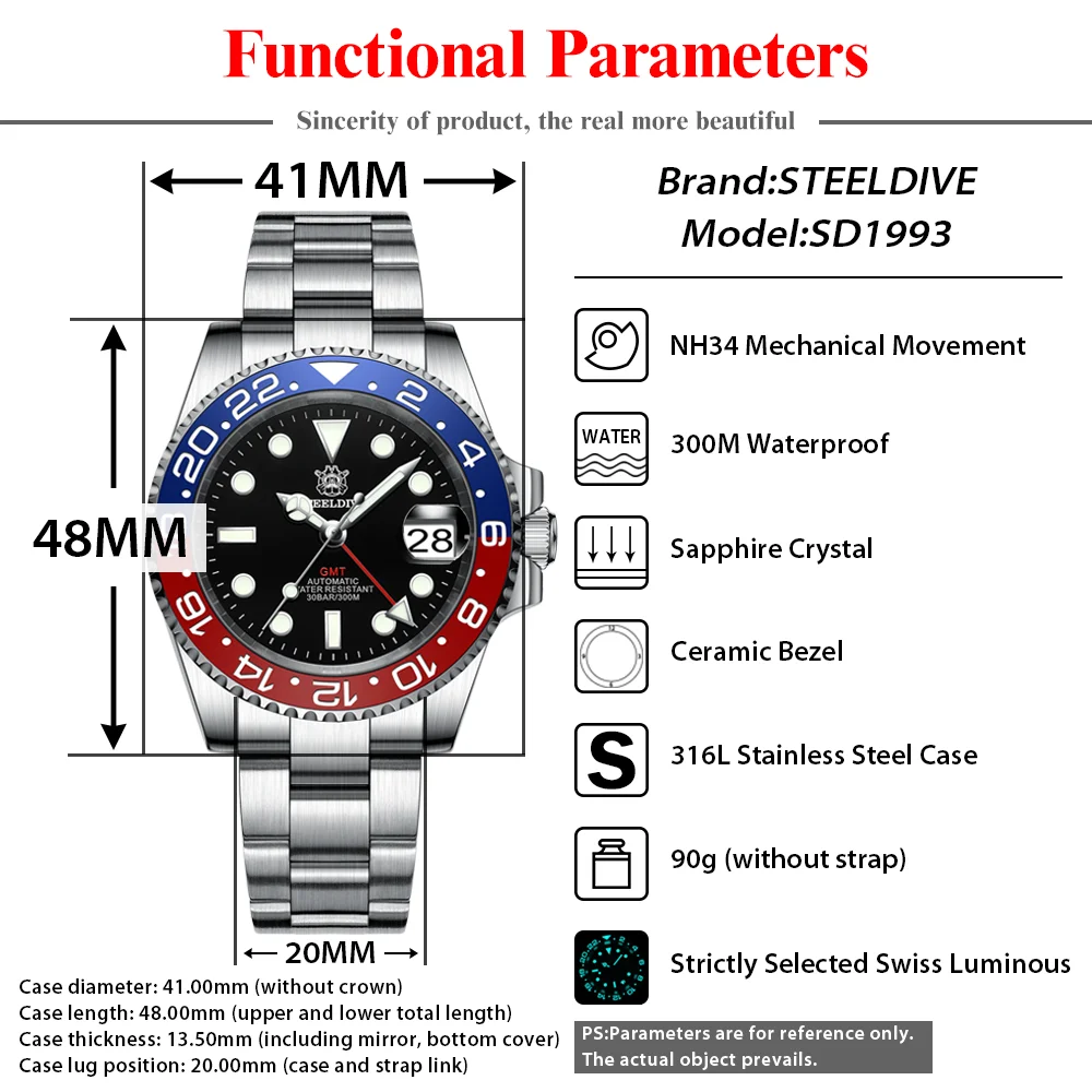 STEELDIVE SD1993 Luxury GMT Watch Bidirectional Rotation Ceramic Bezel 4 Pointers NH34 Mechanical Swiss Luminous 300M Waterproof