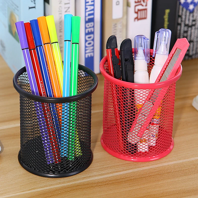 

Iron Pen Holder Hollow Desktop Storage Bucket Student Stationery Multi-functional Office Black Color Round Square Pen Holder