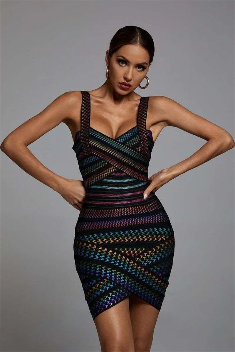 High Quality Celebrity Colorful Striped Foiling Print Rayon Bandage Dress Bodycon Evening Party Dress