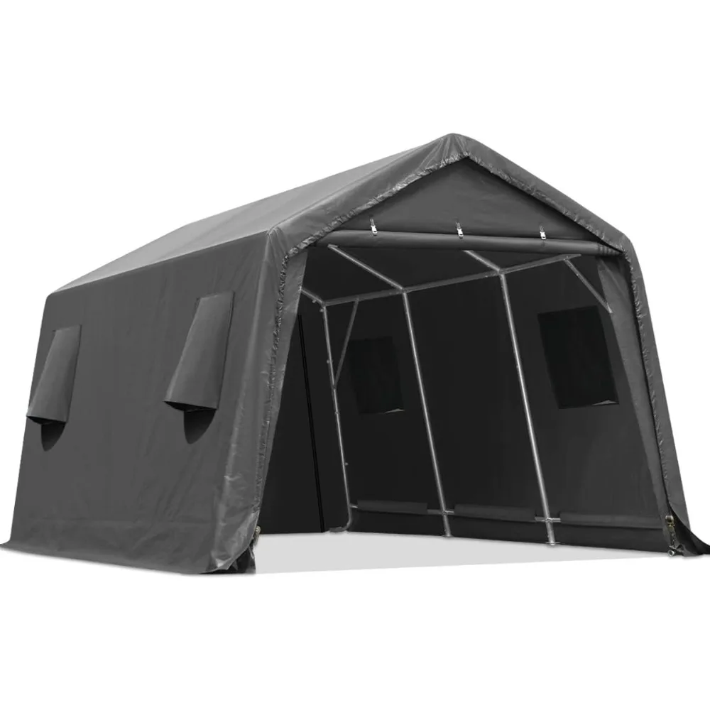 

10x15 ft Shelter Storage Shed Steel Metal Peak Roof Portable Garage Carport for Motorcycle, Boat or Garden Tools with 2 Roll up