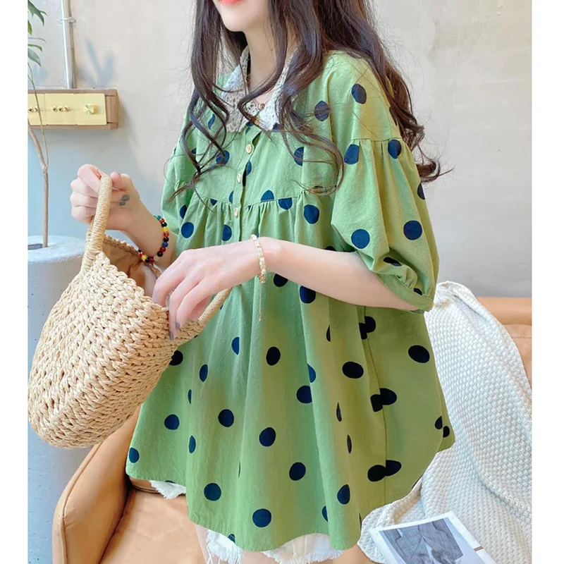 Sweet Peter Pan Collar Spliced Folds Lace Polka Dot Blouse Female Clothing 2023 Summer New Casual Pullovers Loose Korean Shirt