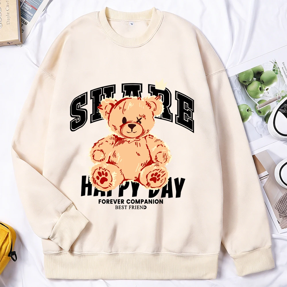 

Мужская толстовка с плюшевым мишкой «Счастливый день», повседневный свободный флисовый мягкий пуловер с длинными рукавами и круглым вырезом, винтажный топ унисекс