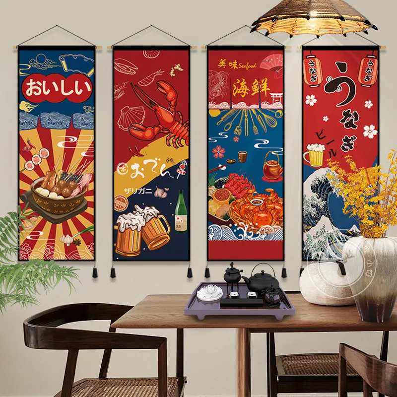 Japanese‑Bistro Gourmet‑Themed Fabric Wall Tapestry, Izakaya Sushi Restaurant Background Hanging Cloth for Catering Venue Decor