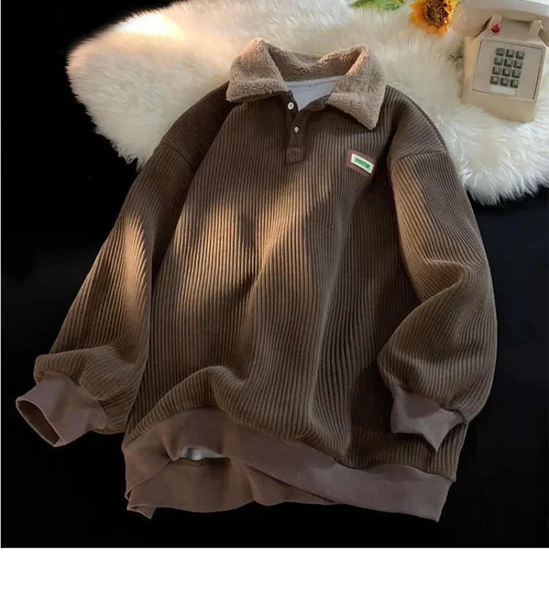 

Women Vintage Harajuku Hoodies Oversized Plus Velvet Thickened Corduroy Button Sweatshirts Korean Fashion Pullover Polo Hoodie