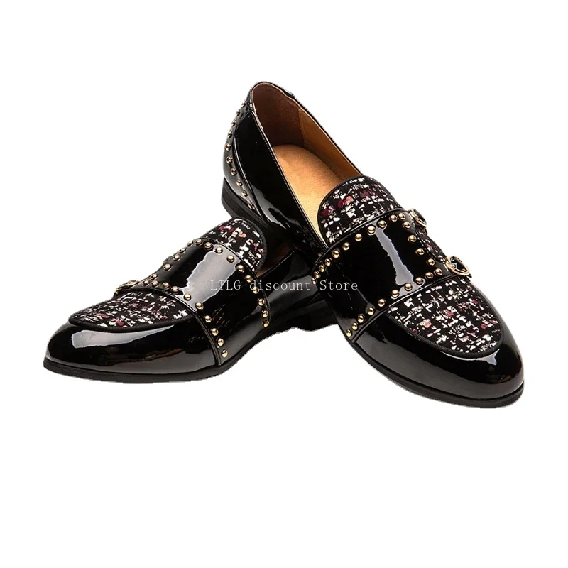 luxury man Evening dress shoes Men's Wedding Shoes Men's Loafers Paint Belt Buckle Dinner Shoes Brand Casual Shoes Plaid Pattern