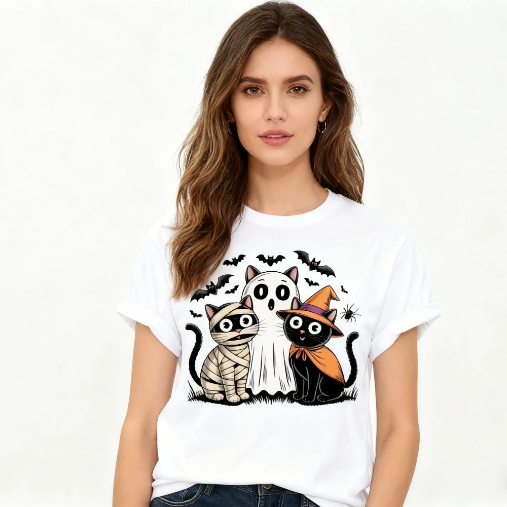 

Black Cat Pumpkin TShirt Ghost Cat Halloween T-Shirt Retro Spooky Cat Tee Halloween 2025 Trendy Style Shirt Women Fashion Tops