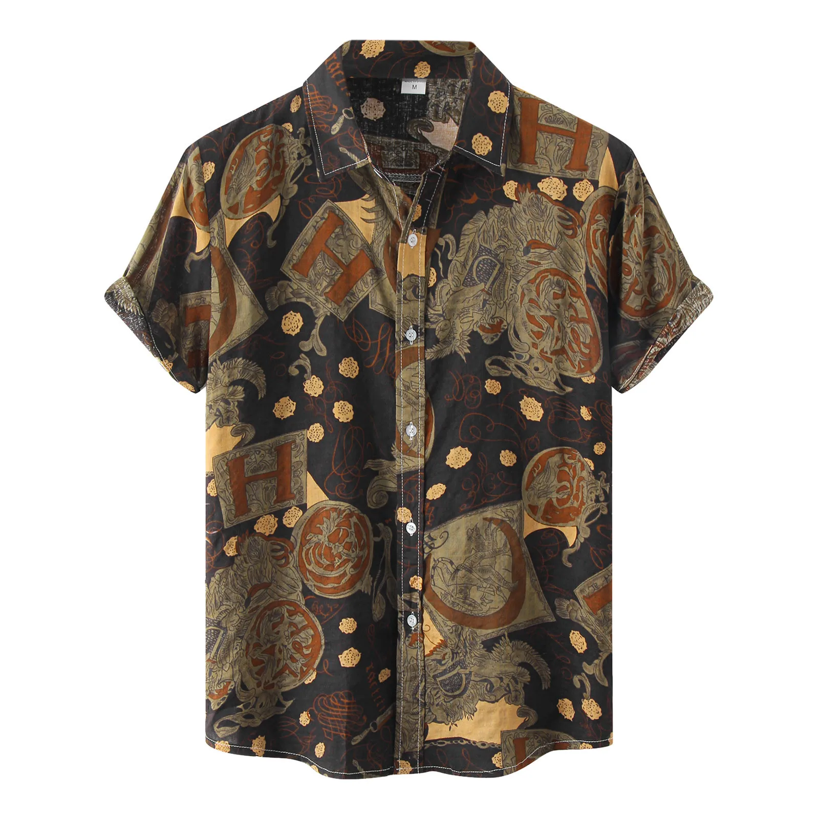 

Men's Vintage Shirt Floral Printed Blouse Casual Shirt Short Sleeve Turn-Down Collar Top Button Summer Chinese style camisas