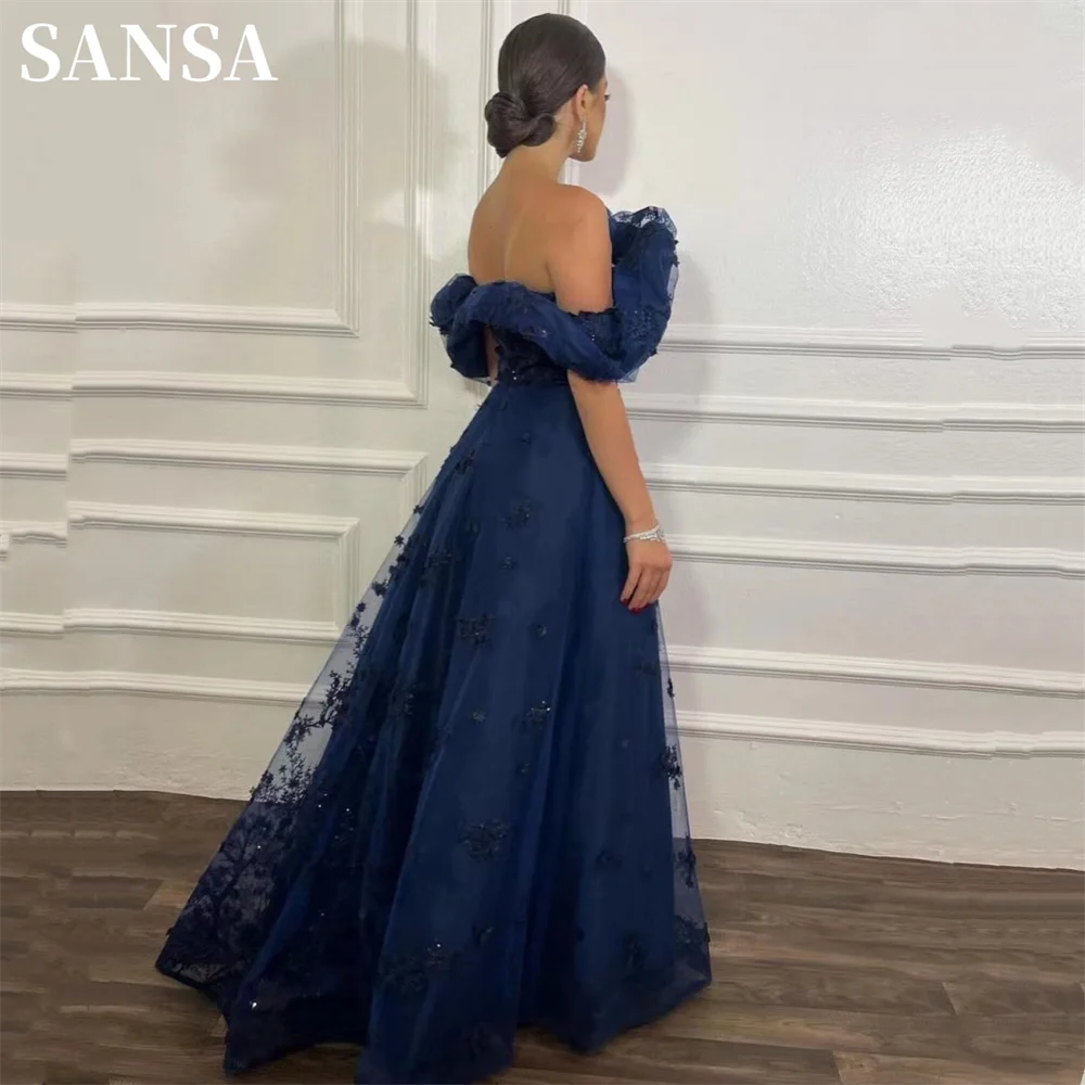 

Sansa Elegant Off Shoulder Prom Dress Nevy Blue Lace Embroid Vestidos De Noche Glamorous Short Sleeve فساتين سهره فاخره 2023