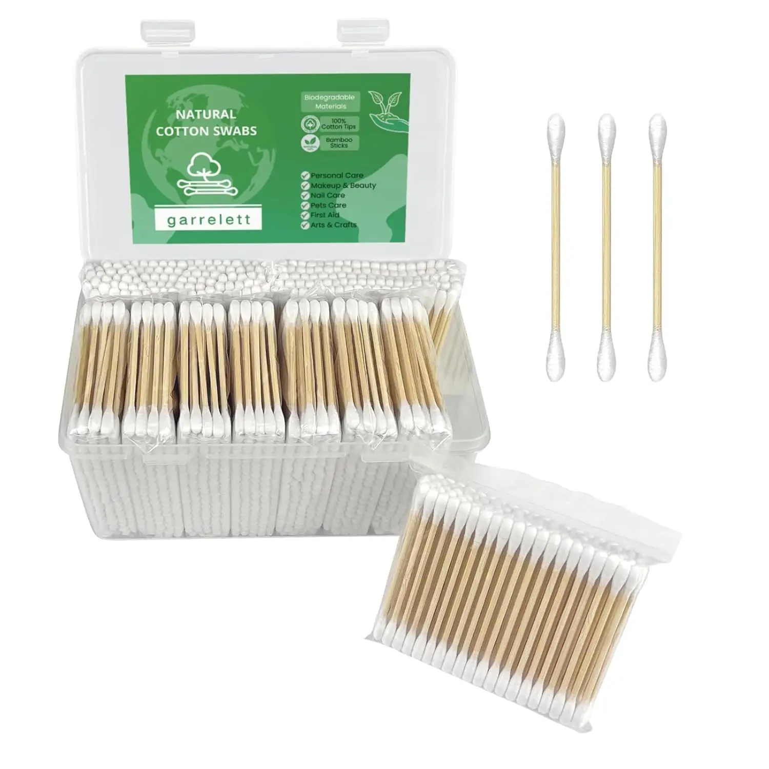 

1000ct Bamboo Cotton Swabs - Biodegradable Double Tips - Natural Organic Cotton Buds for Ear & Personal Care
