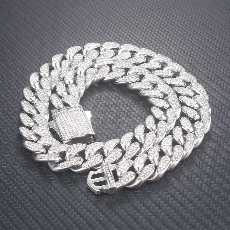 16mm wide Stainless Steel Bling Iced Out Round Cuban Miami Link Chain Necklaces for Men Hip Hop Rapper Jewelry Never Fade