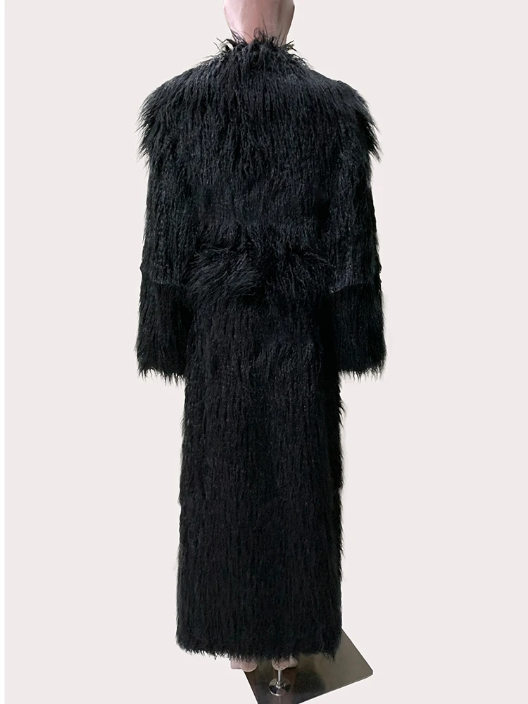 Mauroicardi Winter Extra Long Black Thick Warm Shaggy Fluffy Fuzzy Faux Fur Coat Women Sashes Luxury Elegant Maxi Furry Overcoat