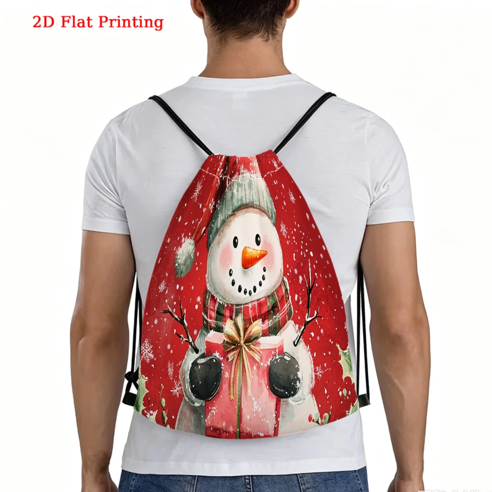 Cute Christmas Style, Drawstring Backpack, 2D Flat Printing Snowman Pattern, Gym Sports Bag, Outdoor Travel Drawstring Bag