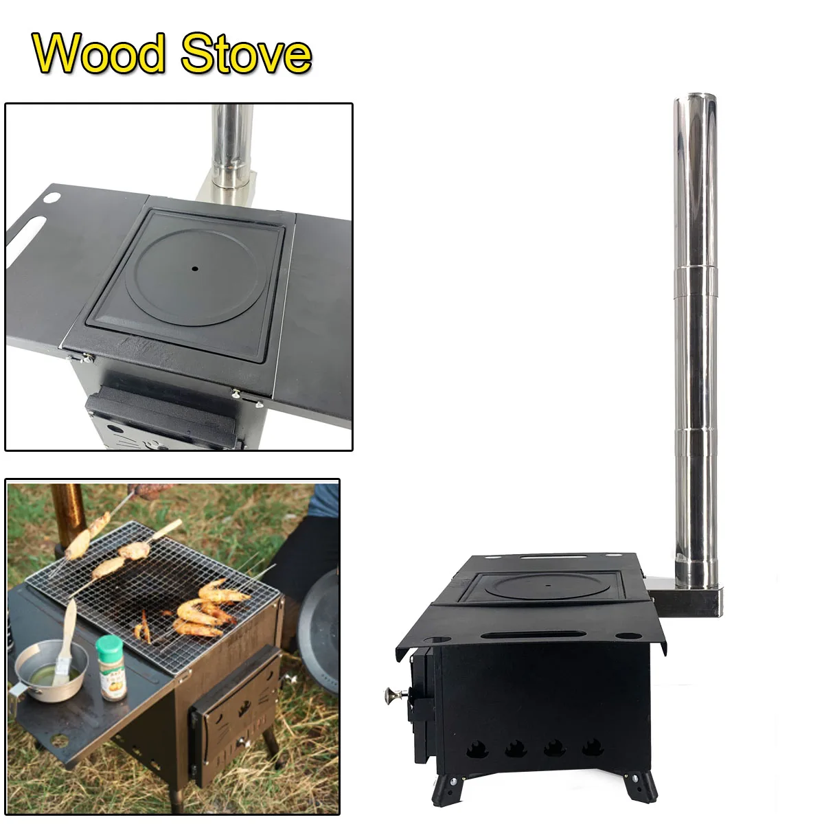 New Portable Foldable Wood Burning Stove Heavy Duty Removable Camp Tent Stove with Chimney Pipe for Tent Shelter Heating Cooking