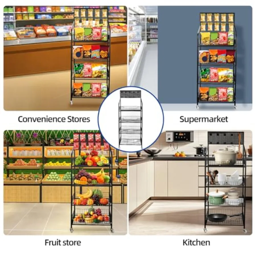 4 Tier Retail Snack Display RackBlack Metal Retail Candy Display Rack with Wheels and 10 Hooks for Convenience Stores Supermark