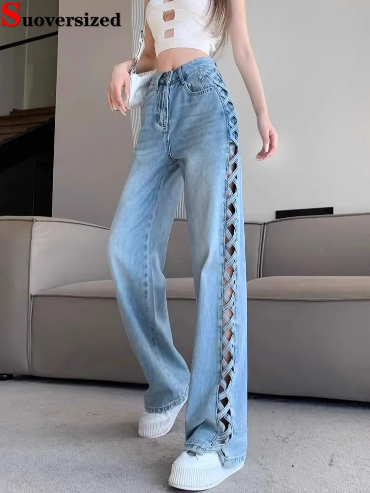 

Side Hollow Out Design Wide Leg Jeans Big Size 28-34 Korea High Waist Casual Baggy Straight Vaqueros Streetwear Women Denim Pant