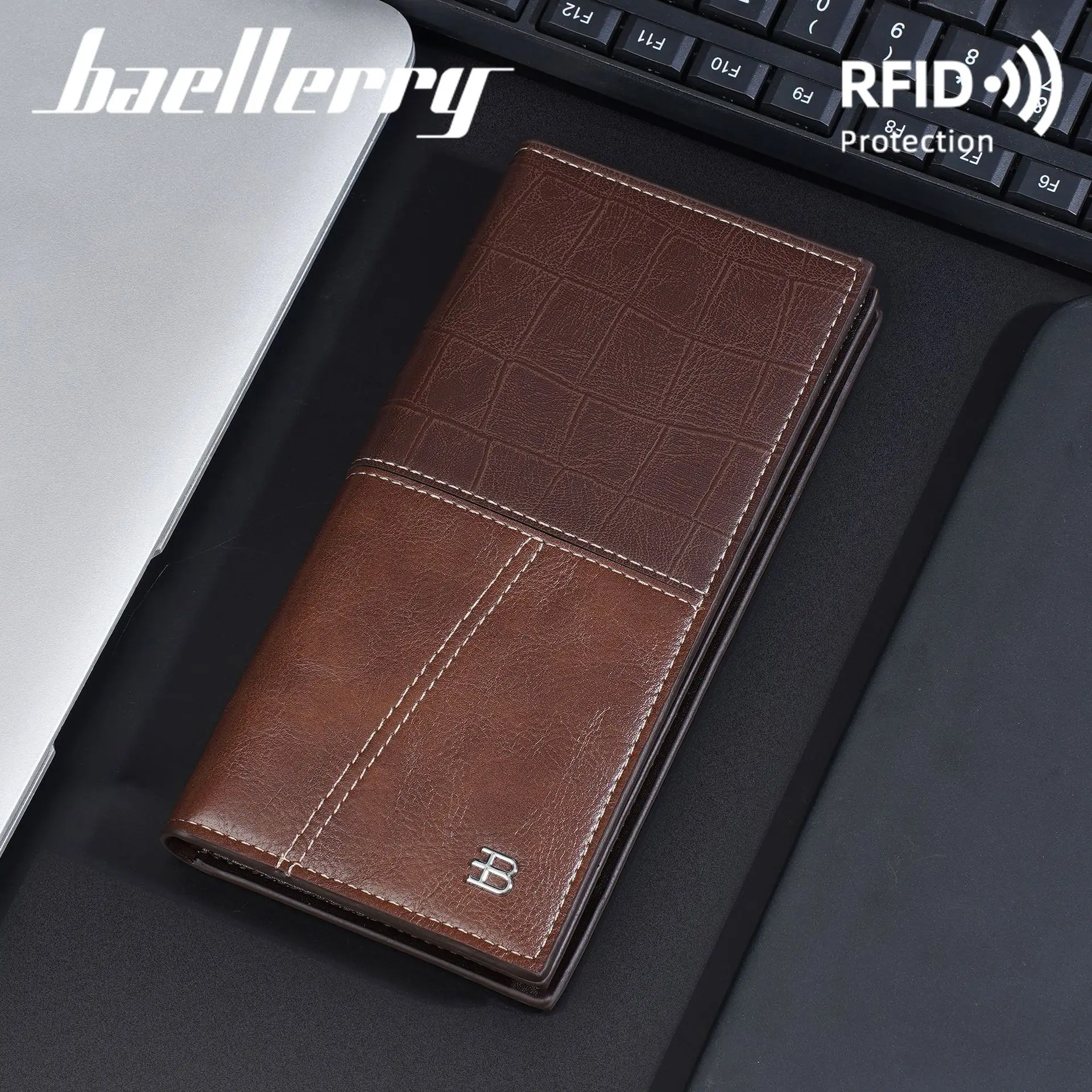 Men's long retro business multi-slot soft wallet, anti-theft brush, light and thin spliced large-capacity wallet