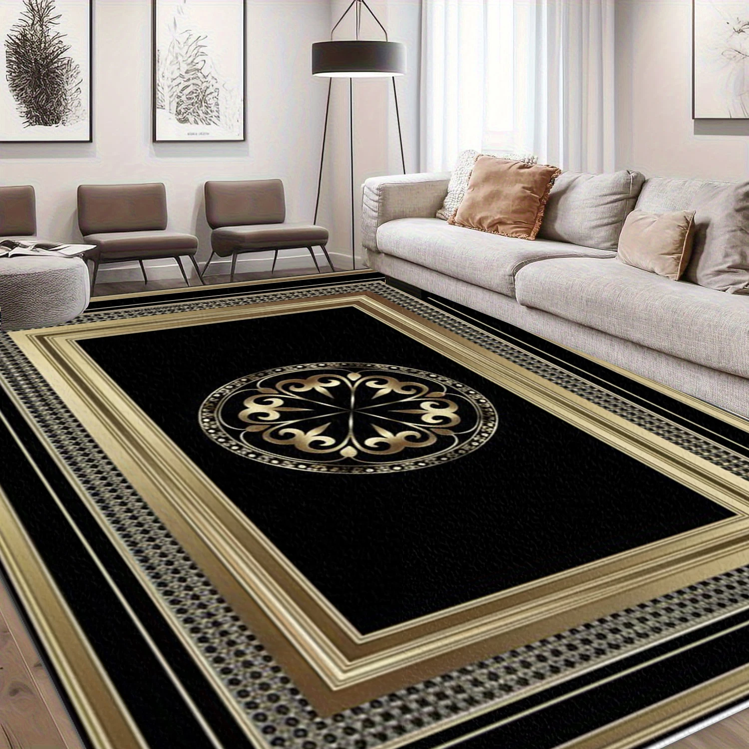 Elegant Black Gold Medallion Area Rug Classic Vintage Border Floor Carpet for Living Room Bedroom Home Decor