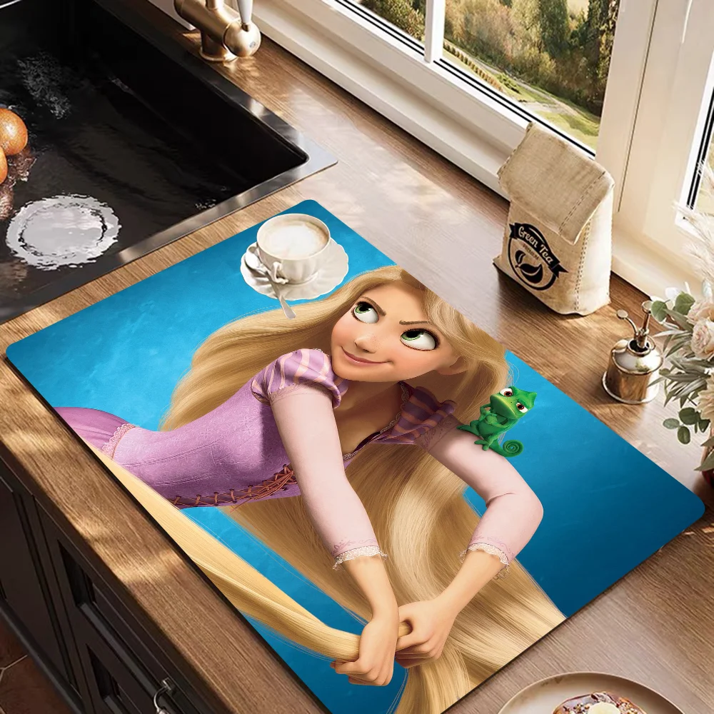 Movie Tangled Rapunzel Quick Drying Dish Mat Printed Kitchen Tableware Coffee Draining Pad Dinnerware Cup Bottle Placemat