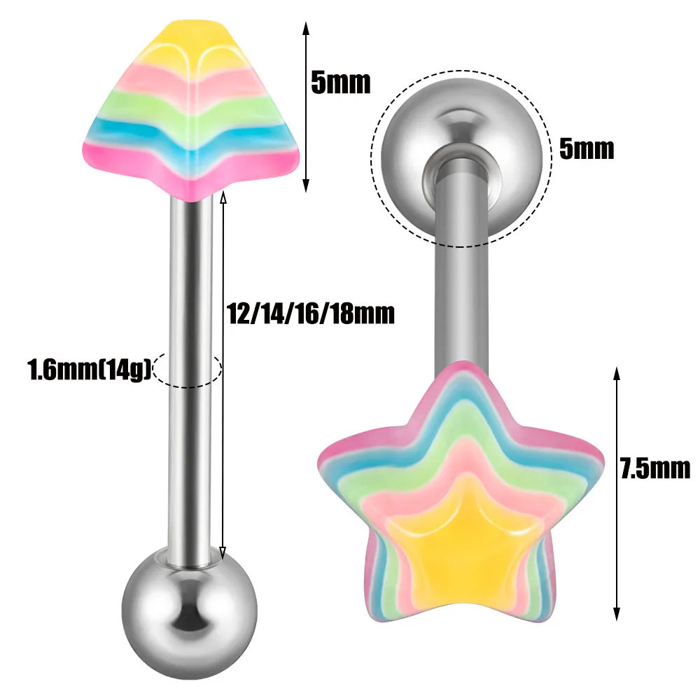 1pcs Rainbow Pyramid Conical Star Tongue Rings Stainless Steel Multicolor Tongue Studs Barbell Piercing Body Jewelry 14G