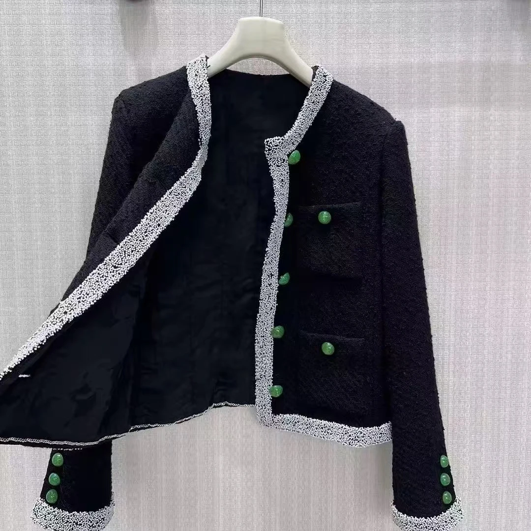 2026 New Fashion Vintage Black Tweed Jacket Women Embroidery Beading O-neck Long Sleeve Single Breasted Elegant Chic Coat
