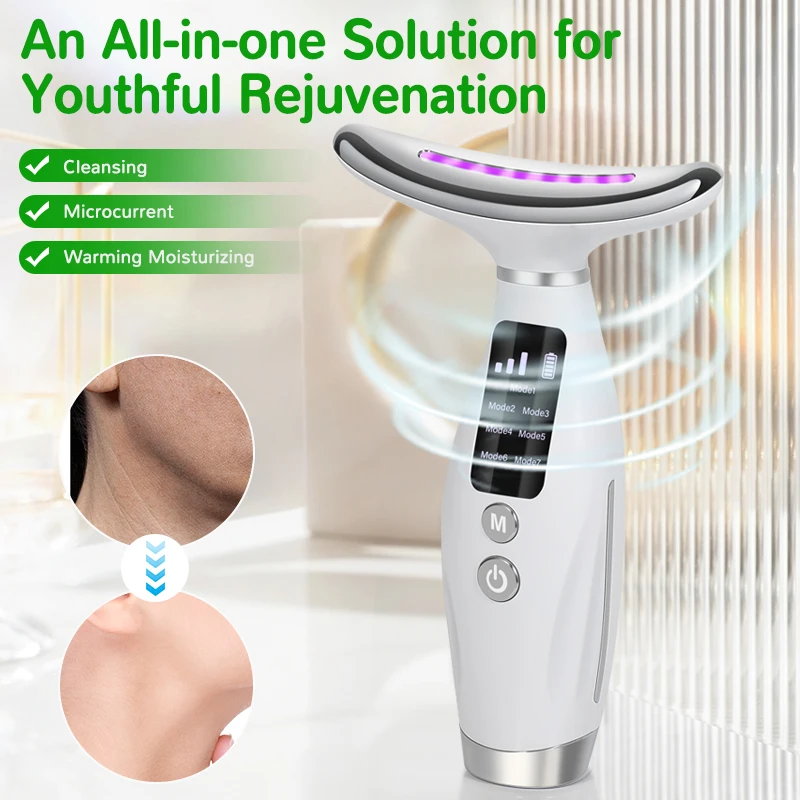 Massageador facial portátil de 7 cores, massageador facial com vibração e calor, dispositivo de levantamento de pescoço para cuidados com a pele aprimorados do rosto e pescoço