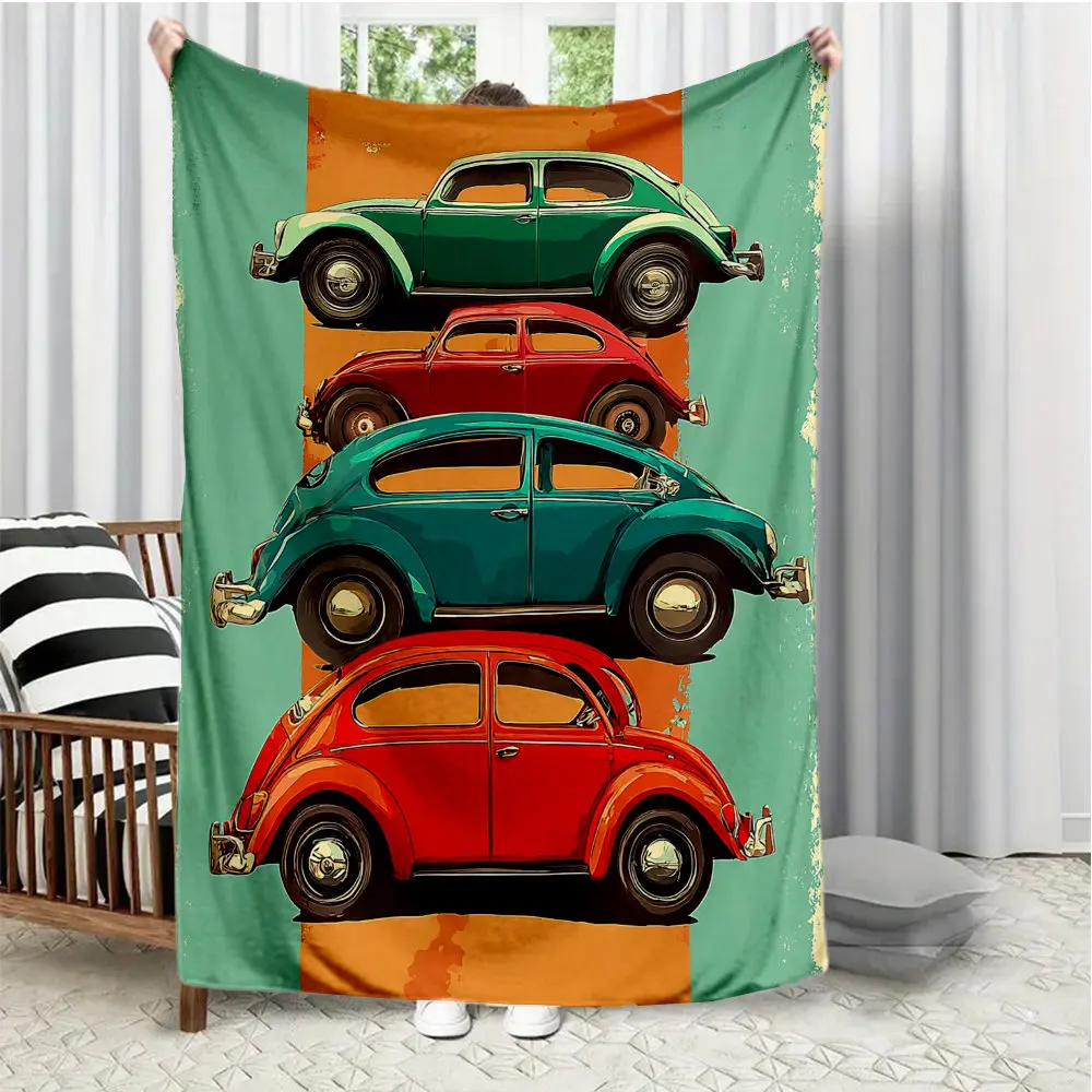 Retro Beetle Car Theme Flannel printed blanket suitable for all seasons suitable for living room office sofa and travel