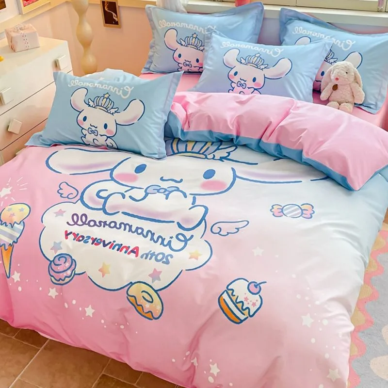 Кровать с рисунком Hello Kitty Kuromi Pochacco, комплект из четырех предметов из чистого хлопка, пододеяльник для студенческого общежития, простыня, комплект из трех предметов