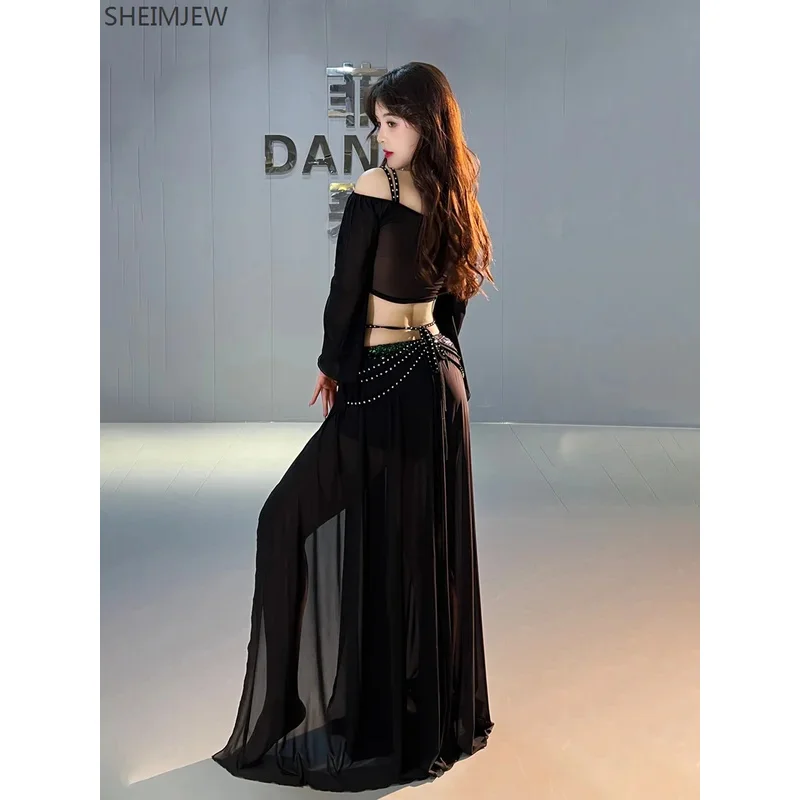 جديد مطرزة شبكة ملابس رقص البطن للنساء طويلة الأكمام أعلى + شاش تنورة طويلة 2 قطعة مجموعة التدريب الرقص الشرقي المرحلة Outfi & J1