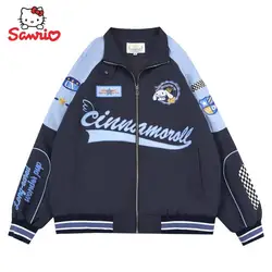 Jaqueta e calça soltas à prova de vento feminino, motociclista Sanrio Kawaii Cinnamoroll, desenhos animados, roupas quentes, presente casal, inverno