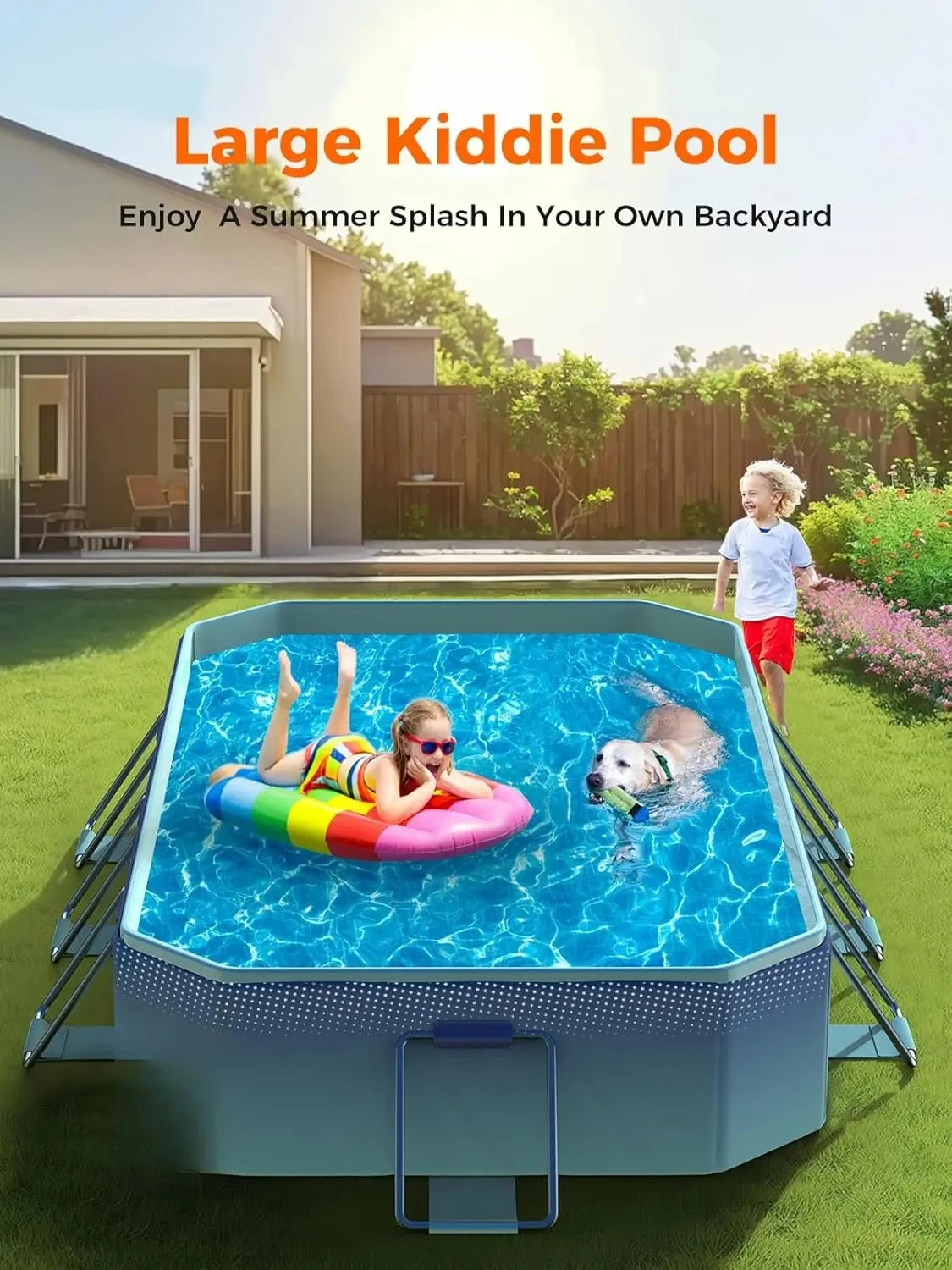 Portable Foldable Non Inflatable Pool Stable Metal Bracket Large Swimming Pool Suitable Kids Adults Pets Dog Pool Outdoor Use