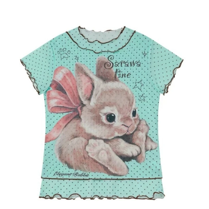 

Y2k Sweet Cool Cute Rabbit Print Polka Dot Short-Sleeve T-Shirt for Women Summer Slim-Fit Gorgeous Cropped Top Graphic T Shirts