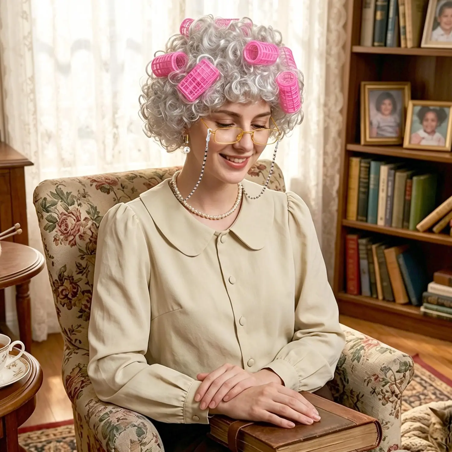 Old Lady Wig Costume for Women, 5 PCS Kids 100 Days of School Grandma Wig Costume Halloween Girls Adults Cosplay Accessories Set 6