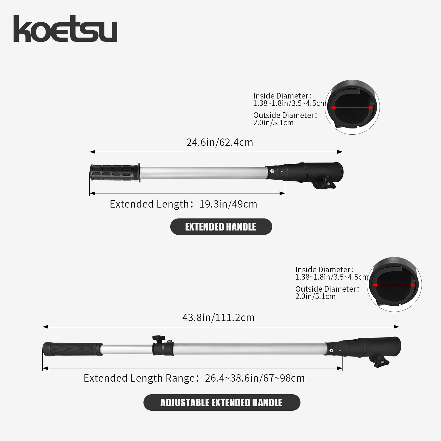 KOETSU Outboard Motor Extended Joystick Tiller Extension Handle Fixed 18.1in/46cm telescopic 24 to 43.3in/61 to 100cm