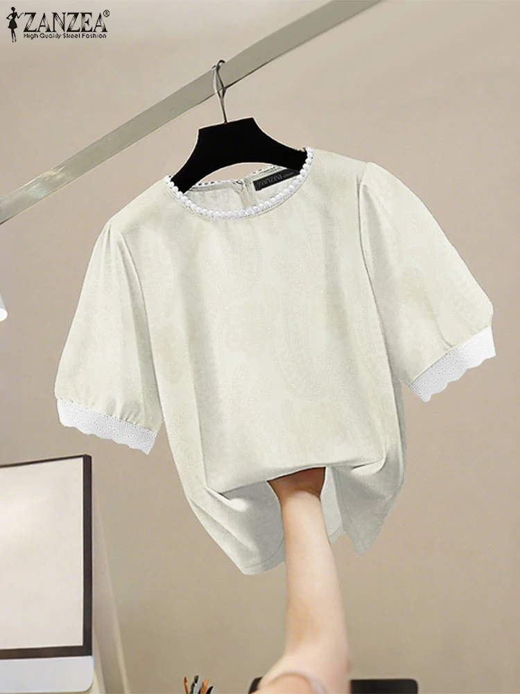 ZANZEA Vrouwen Kant Patchwork Tops Korte Mouw Blusas 2025 Mode Gedrukt Blouses Casual Losse Tuniek Vintage O-hals Trui