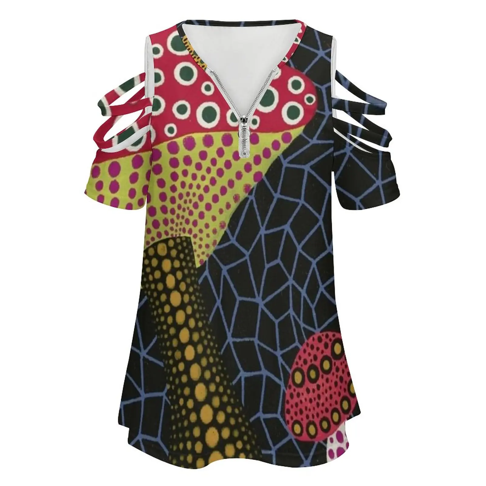 Yayoi Kusama Art Women's T-Shirt New Fashion Printed Zipper V-Neck Short Sleeve T Shirts Casual Plus Size Yayoi Kusama Kusama