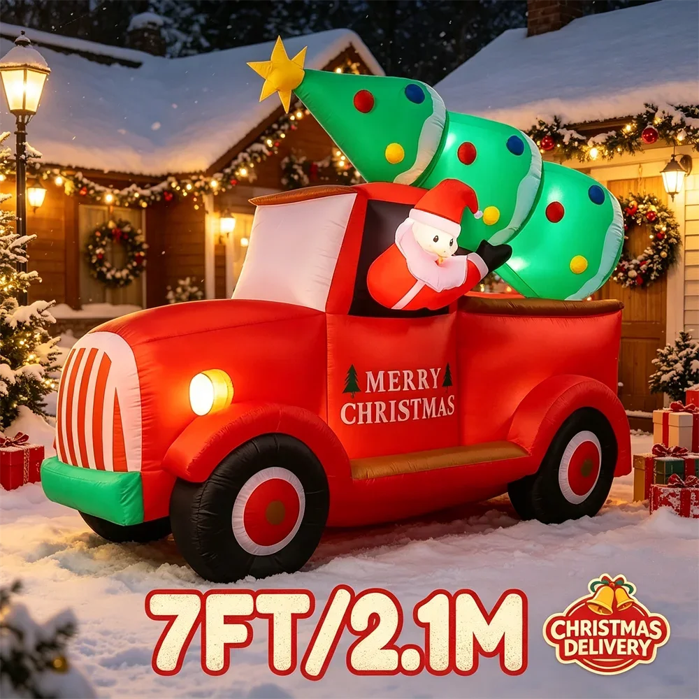 7FT Light Up Christmas Inflatable Model Giant Blow Up Red Truck Carrying Christmas Tree LED Holiday Outdoor Yard Lawn Decor