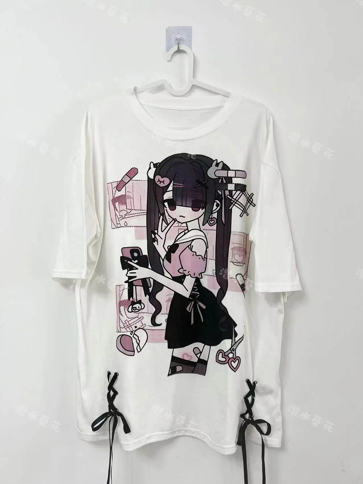 Anime Kawaii Girl Oversized T-Shirt Y2K Harajuku Gothic Grunge Summer Casual Tee with Ribbon Lace-up