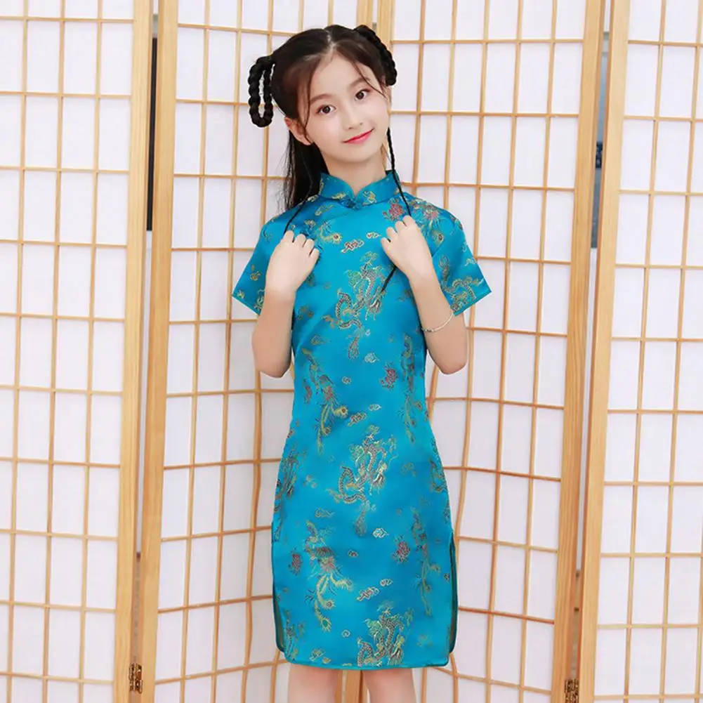 Kids Hanfu Dress Elegant Phoenix Print Split Dress Toddler Cheongsams Dress Summer Dresses Chinese Cheongsams For Girls Dresses