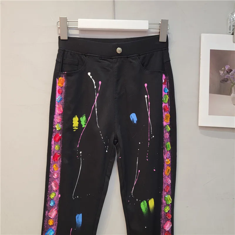 Luxury Colorful Diamonds Beaded Graffiti Painted pantaloni Hot Drilling elastico dimagrante strass Legging mutande Capris