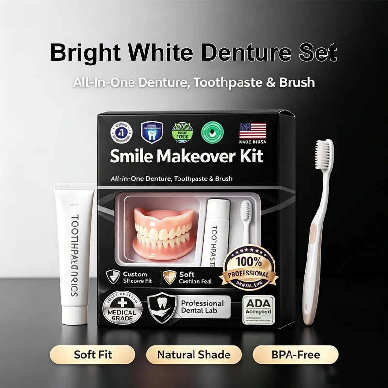 Moldable Denture Set Full Denture Set Natural Bright White False Teeth Kit Instant Smile With Free Toothbrush And Toothpaste